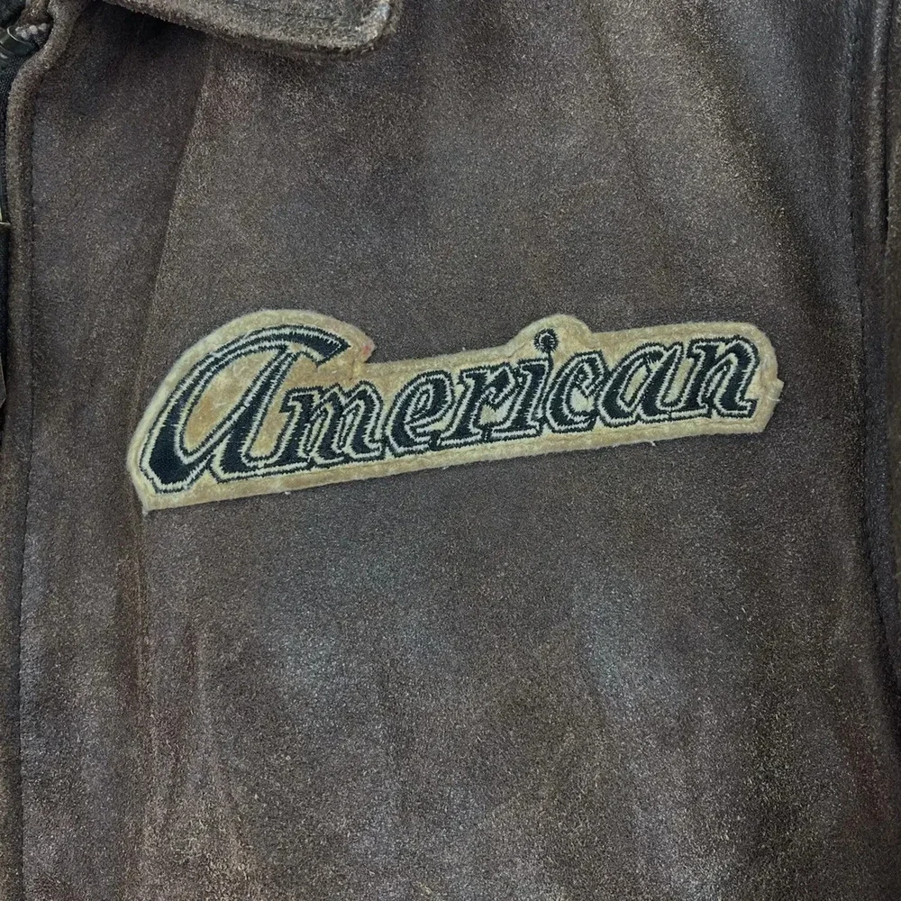 DKNY Jeans Vintage Leather Bomber Jacket Brown American Motor Patches Sz S